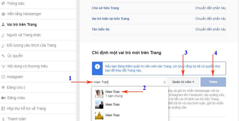 Các bước thêm quản trị viên cho fanpage Facebook